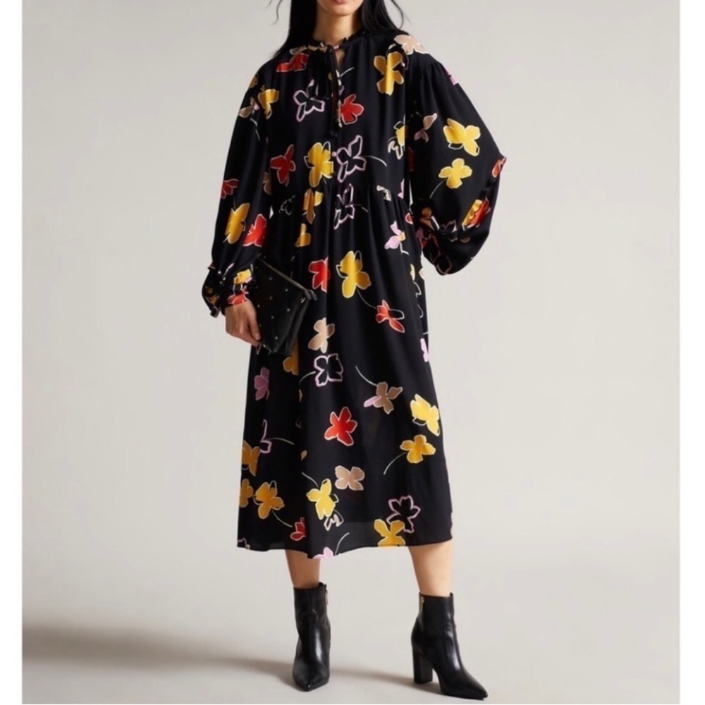 Ted Baker Yviee Chuck On Midi Dress Floral Black Ruffles NWT